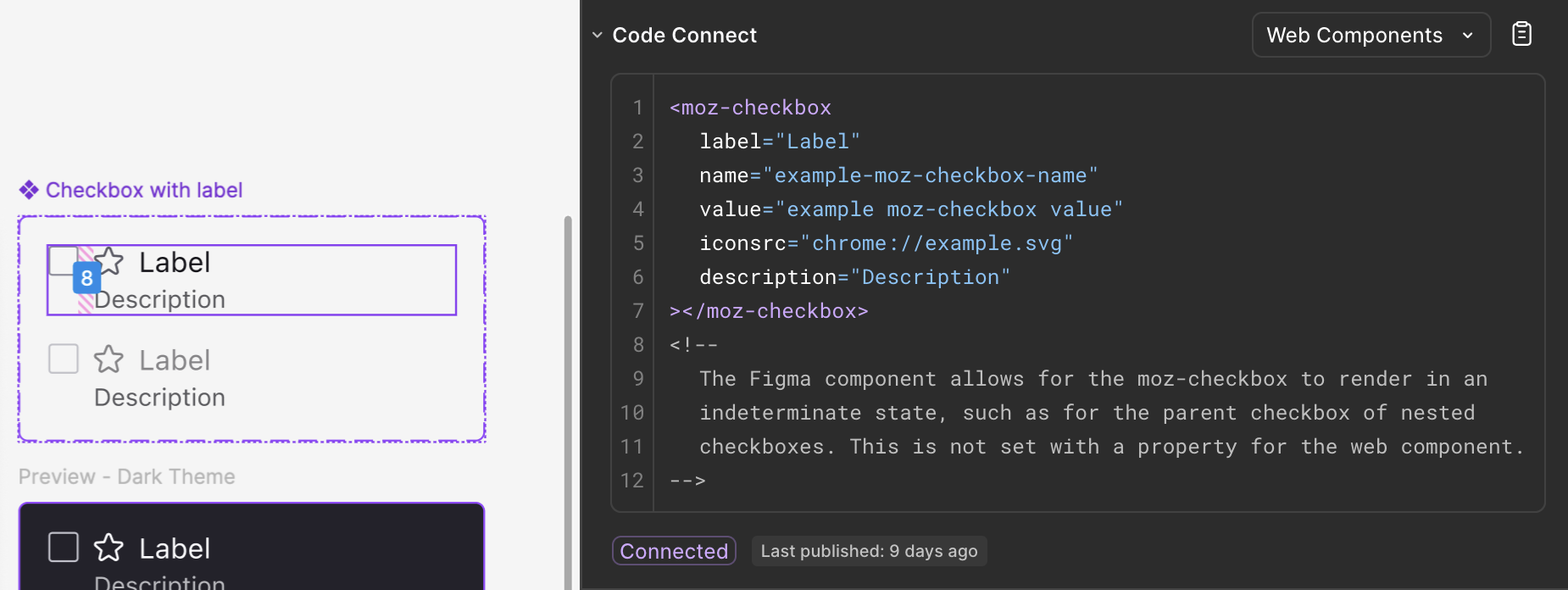 Figma user interface showing the snippet when interacting with main component variants