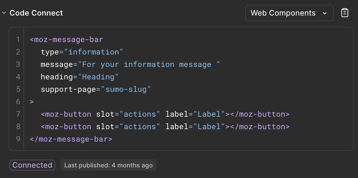 Figma user interface showing the message bar code snippet