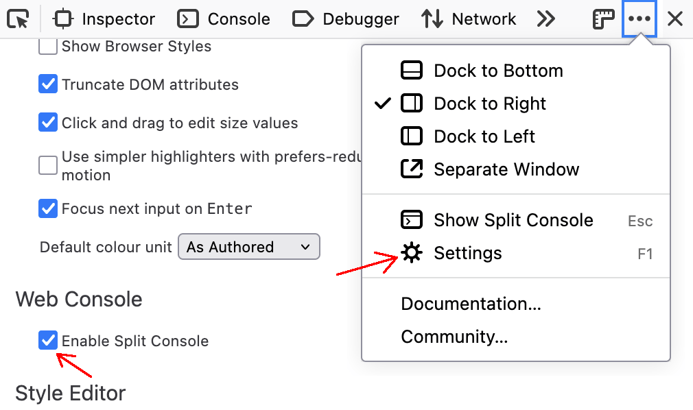 Screenshot showing the settings item of the Toolbar menu and the Enable Split Console checkbox in the settings